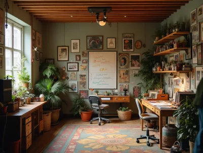 Cozy Home Office With Plants And Art
