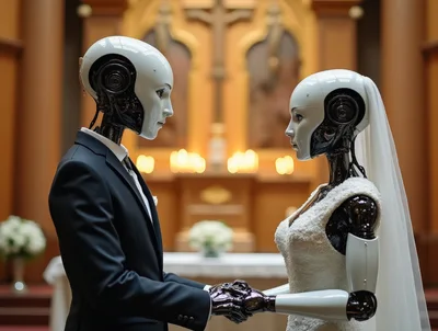 Robotic Bride and Groom Holding Hands at Altar