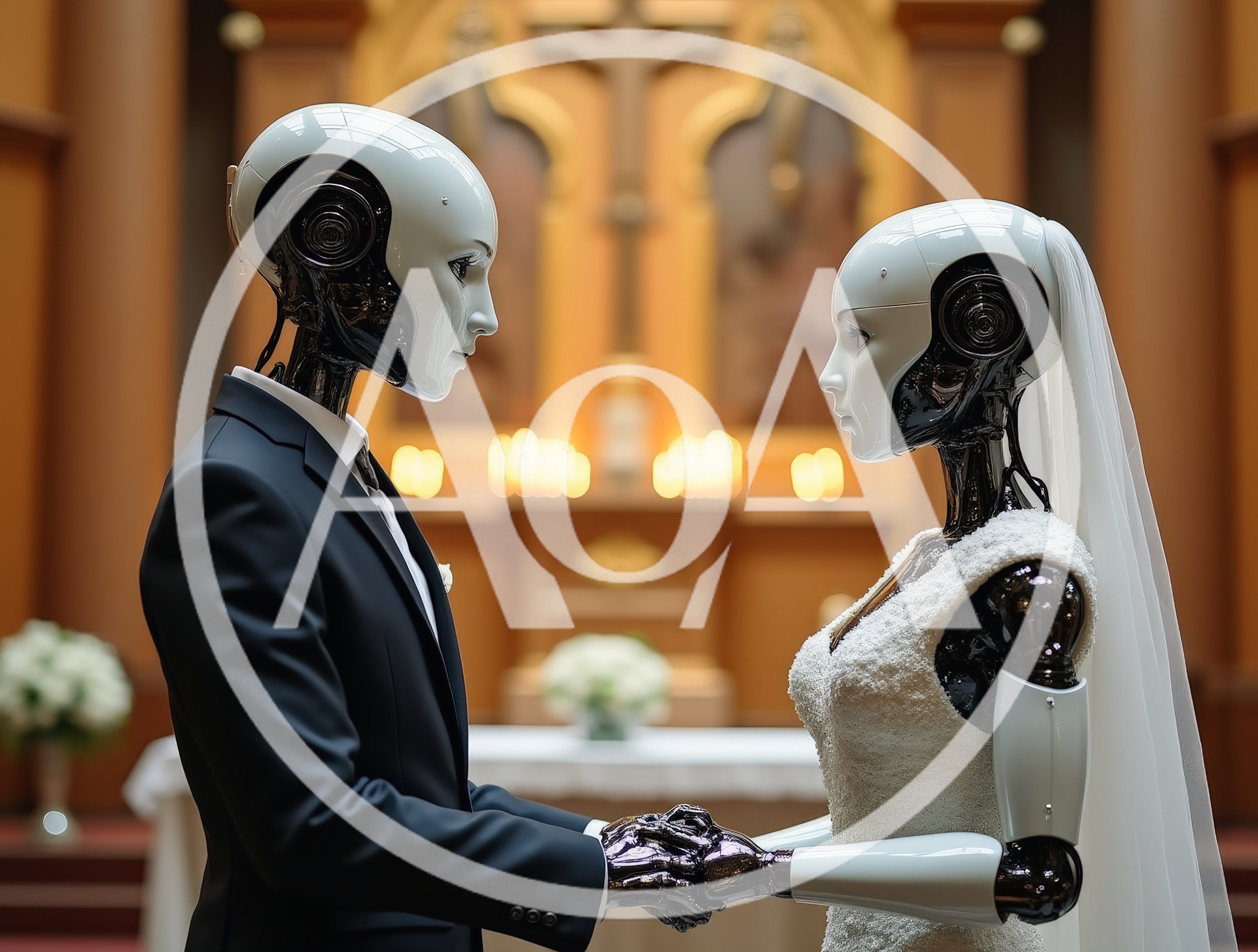 Robotic Bride and Groom Holding Hands at Altar