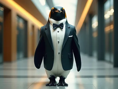 Dapper Penguin Wearing A Formal Tuxedo In A Hallway
