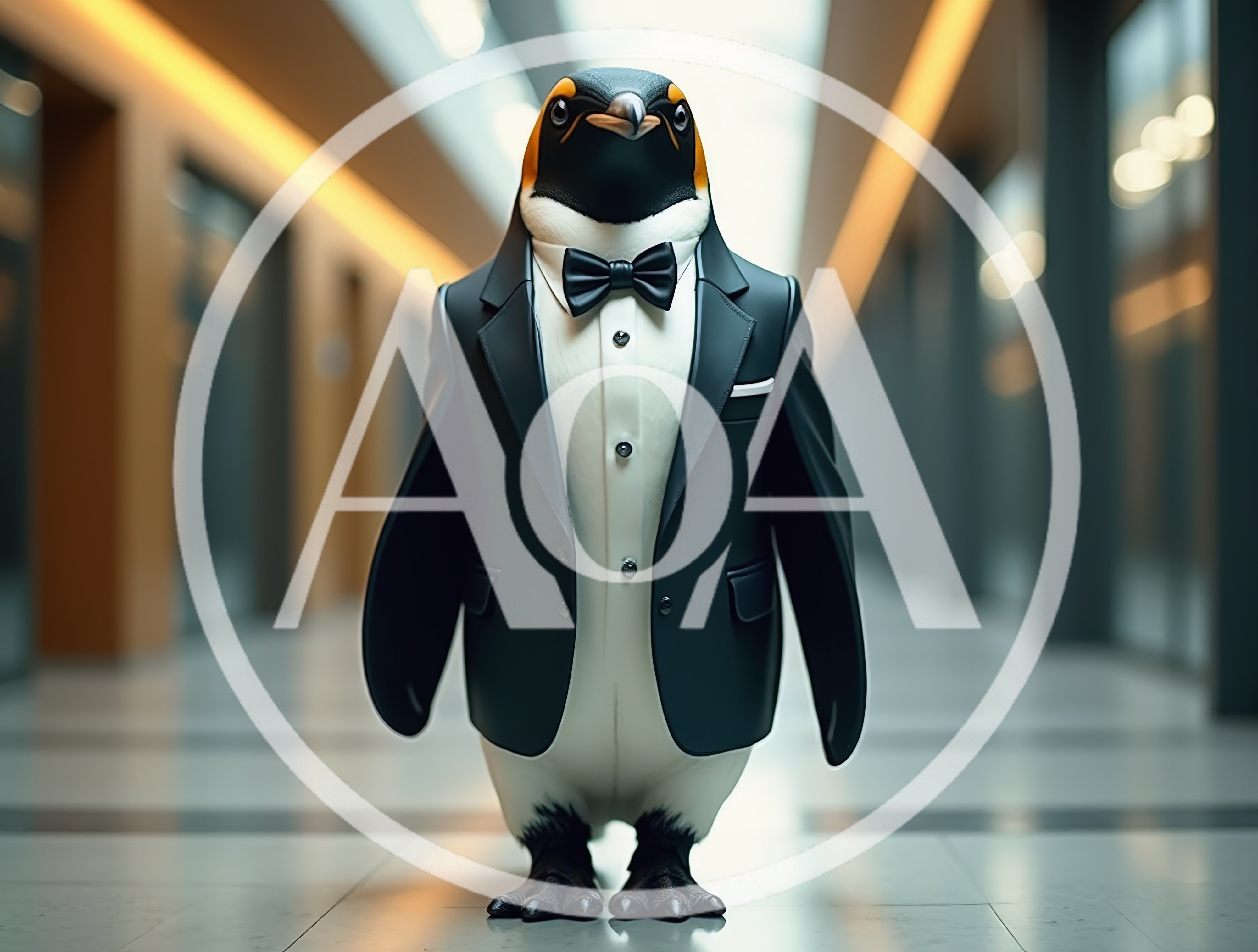 Dapper Penguin Wearing A Formal Tuxedo In A Hallway