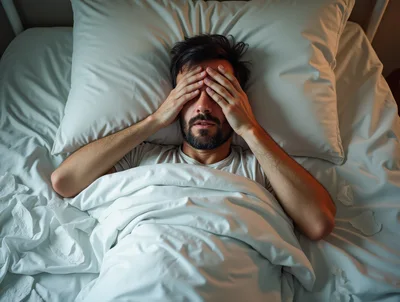 Sick Man Lying In Bed With Headache