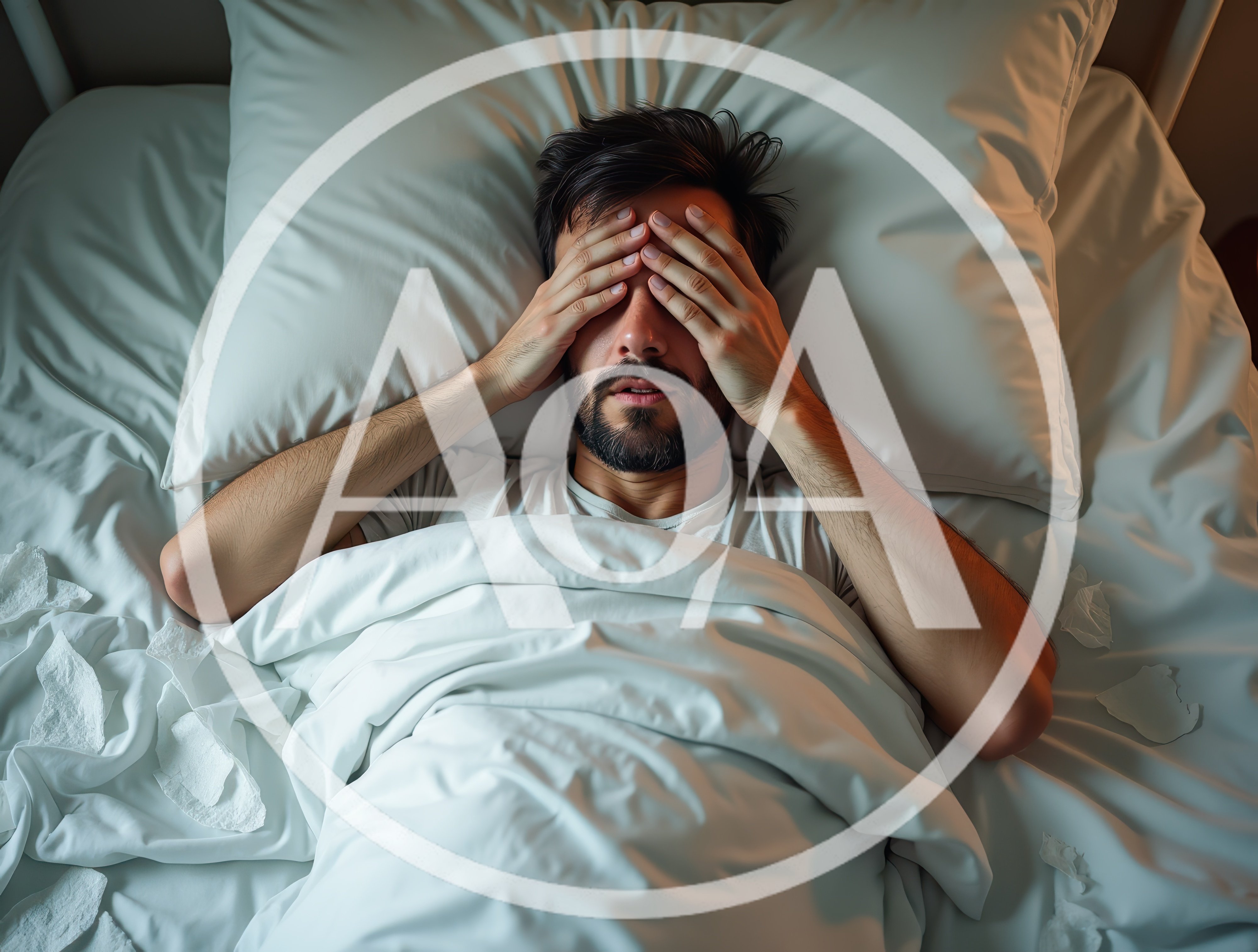 Sick Man Lying In Bed With Headache