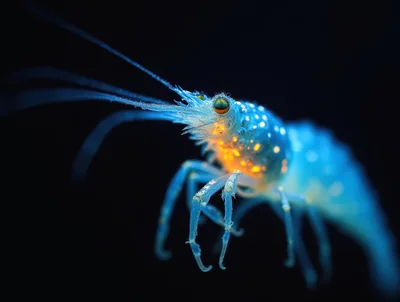 Bioluminescent Deep Sea Shrimp Floating In Dark Water
