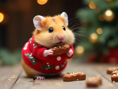 Cute Hamster Wearing Christmas Sweater Eating Cookie