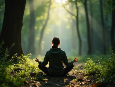 Woman Meditating In A Sunlit Forest