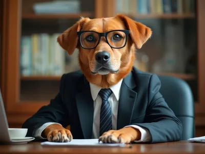 Professional Dog Wearing Suit and Glasses at Desk