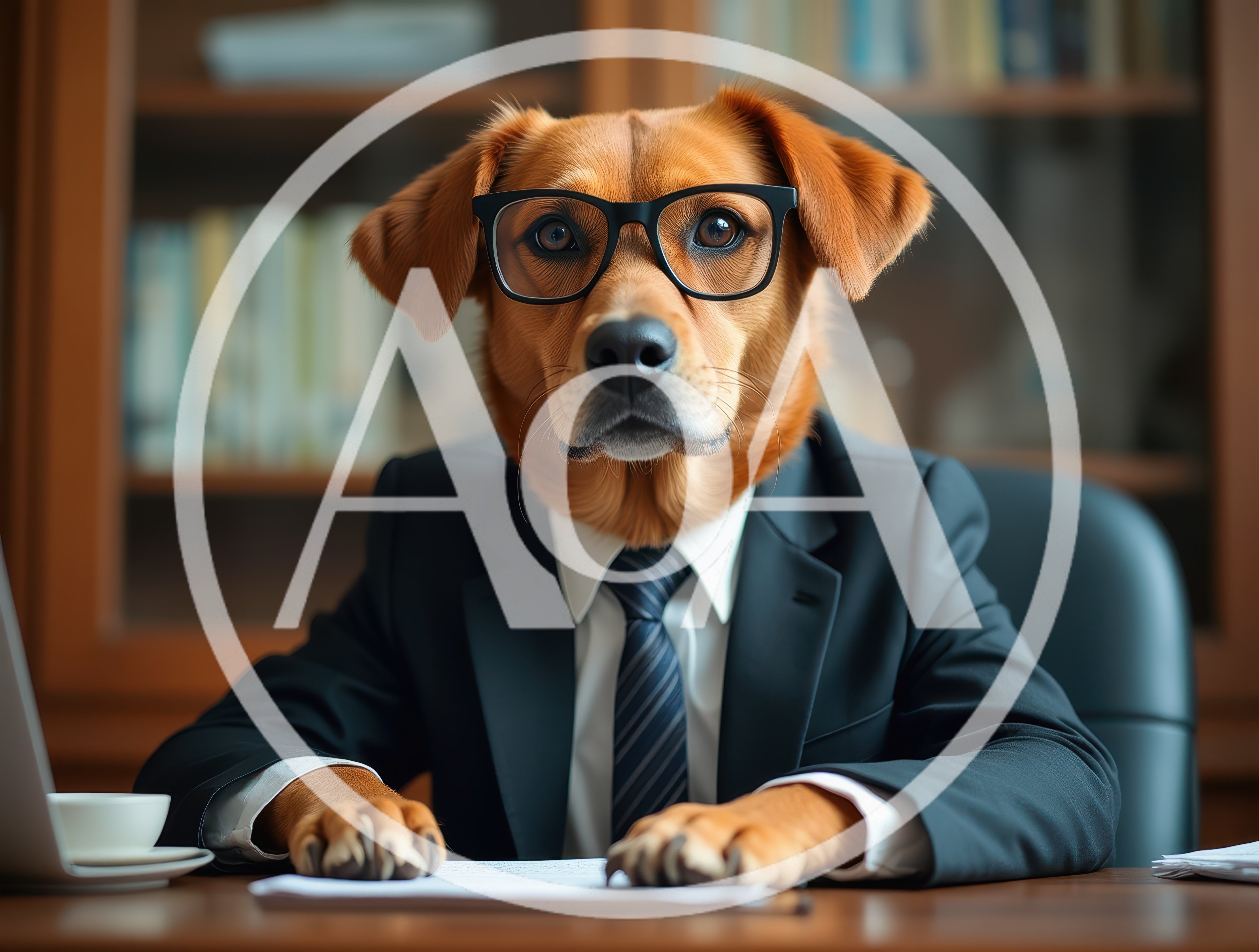 Professional Dog Wearing Suit and Glasses at Desk
