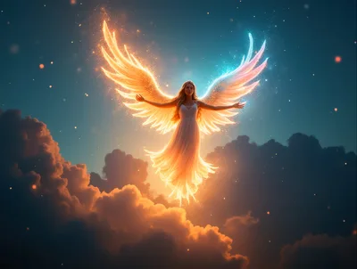 Ethereal Angel With Glowing Wings Floating Above Clouds