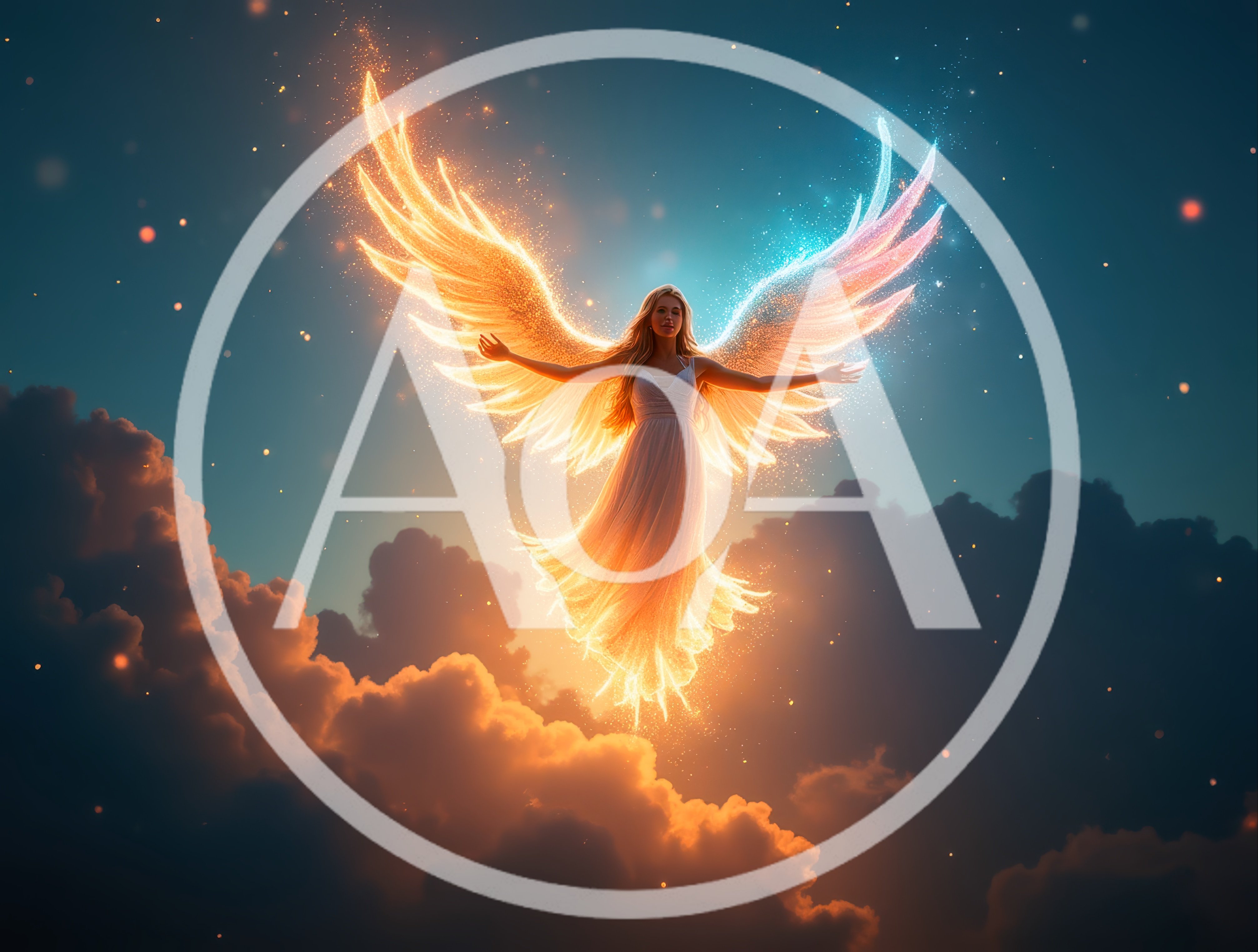 Ethereal Angel With Glowing Wings Floating Above Clouds