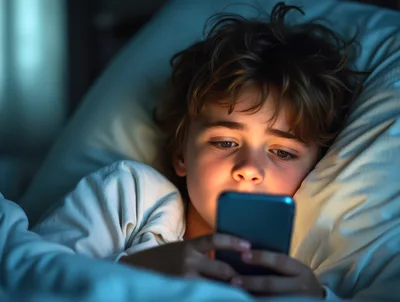 Young Child Using Smartphone in Bed at Night