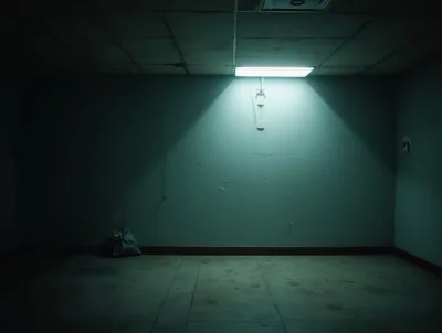 Dimly Lit Empty Room With Single Trash Bag