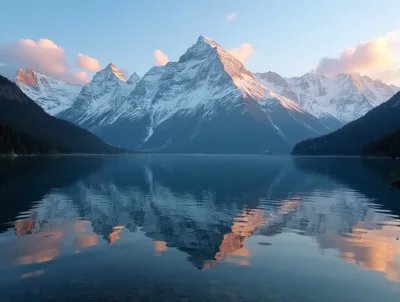 Majestic Snowy Mountain Peaks Reflected In Calm Lake
