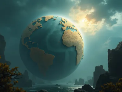 Surreal Floating Earth Globe Above Dark Rocky Landscape