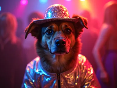 Dog Wearing A Glittery Disco Hat And Jacket