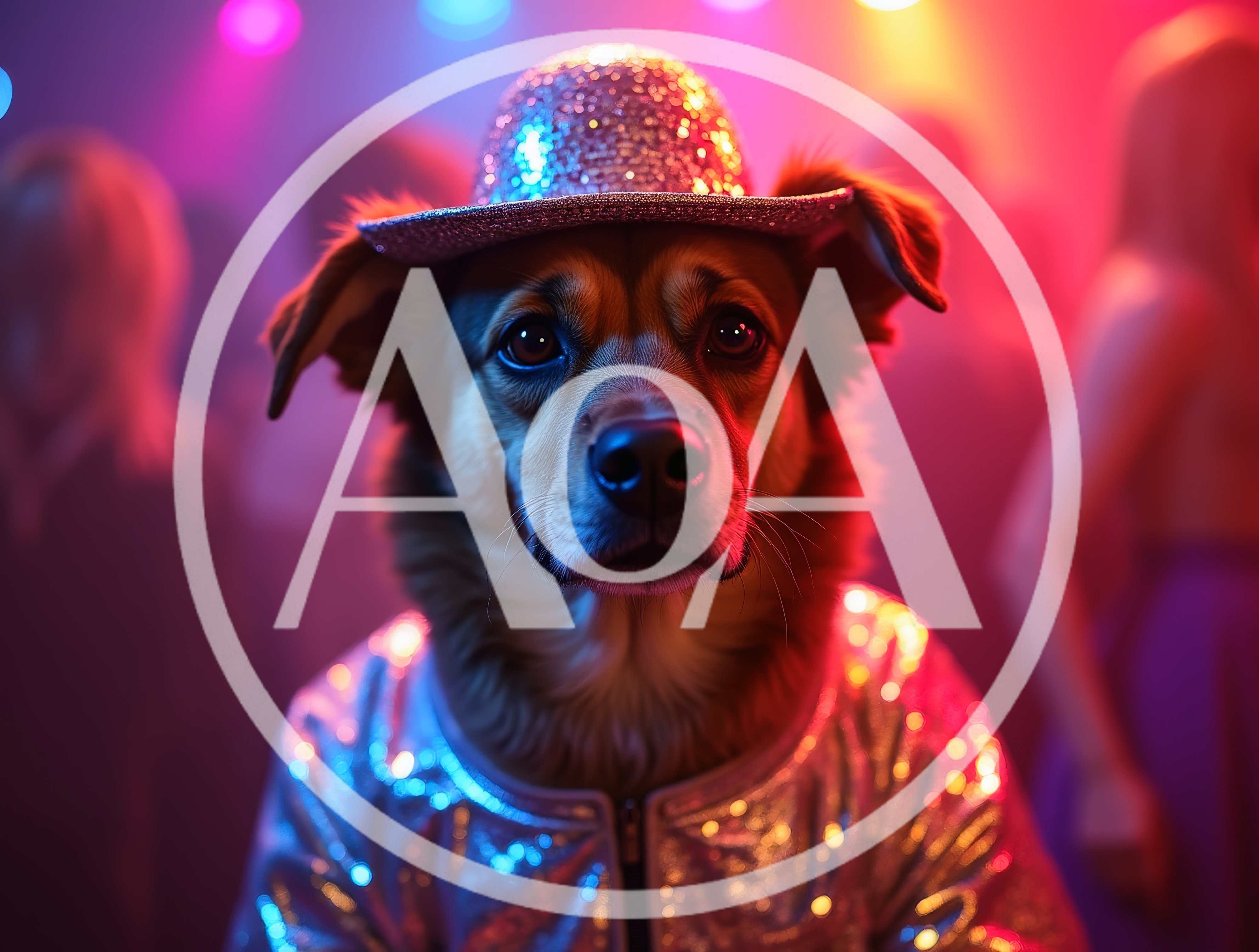 Dog Wearing A Glittery Disco Hat And Jacket