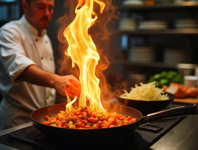 Professional Chef Flambeing Vegetables in Restaurant Kitchen