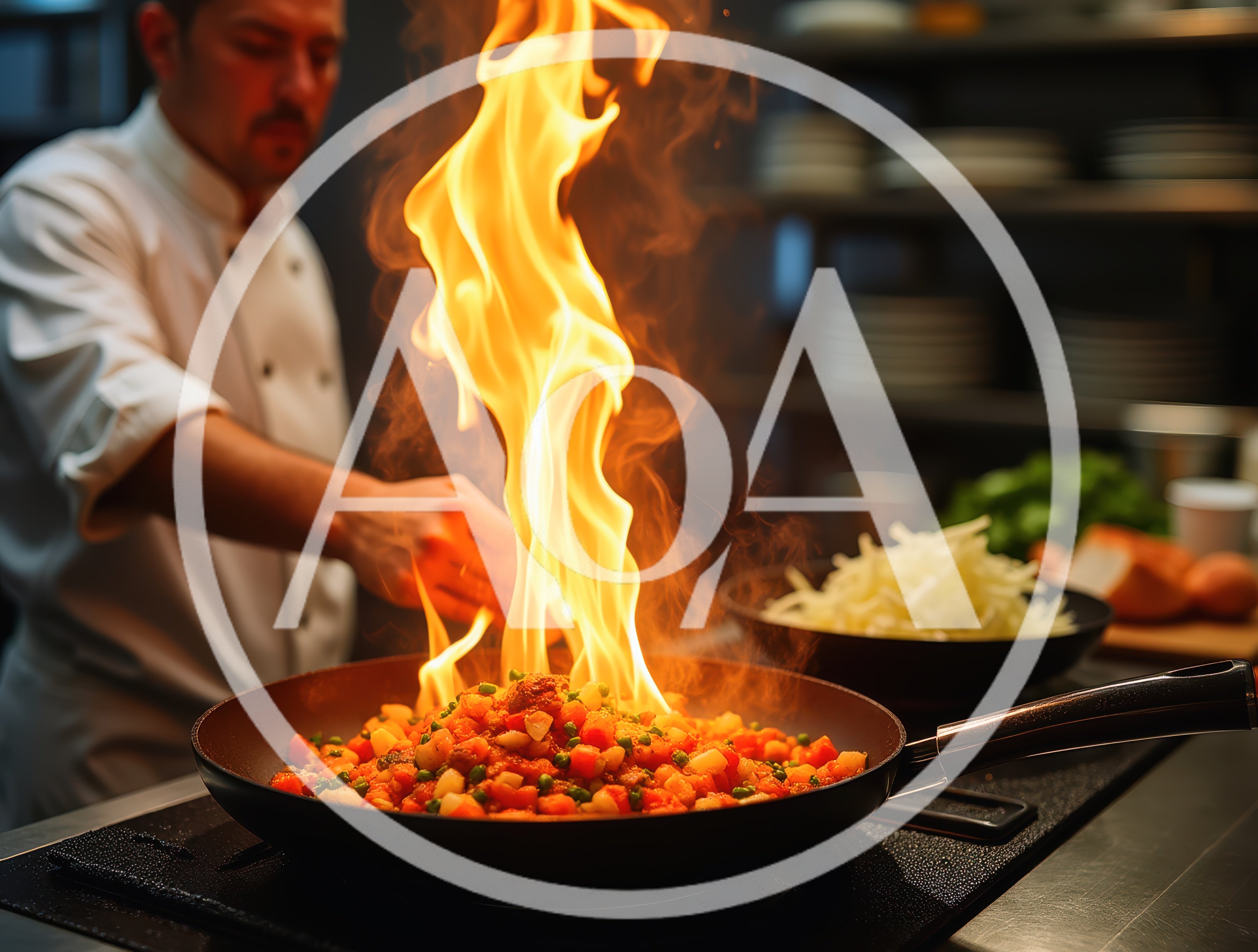 Professional Chef Flambeing Vegetables in Restaurant Kitchen