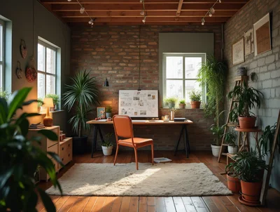 Cozy Home Office With Brick Walls And Houseplants