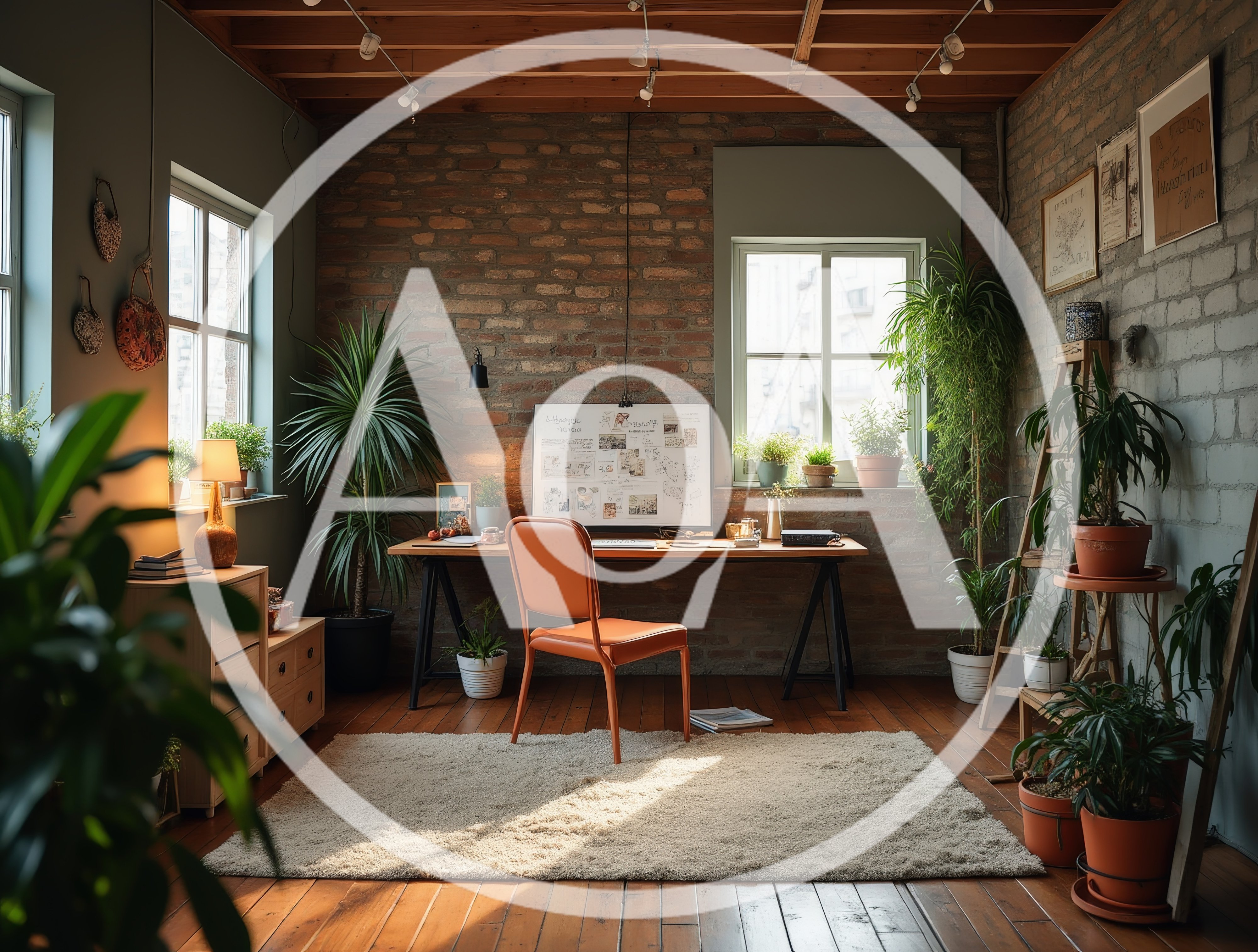 Cozy Home Office With Brick Walls And Houseplants