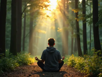 Young Man Meditating In A Sunlit Forest