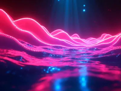 Abstract Neon Wave Landscape With Glowing Light Particles