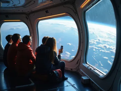 Group Of People Looking Out Of Spacecraft Window