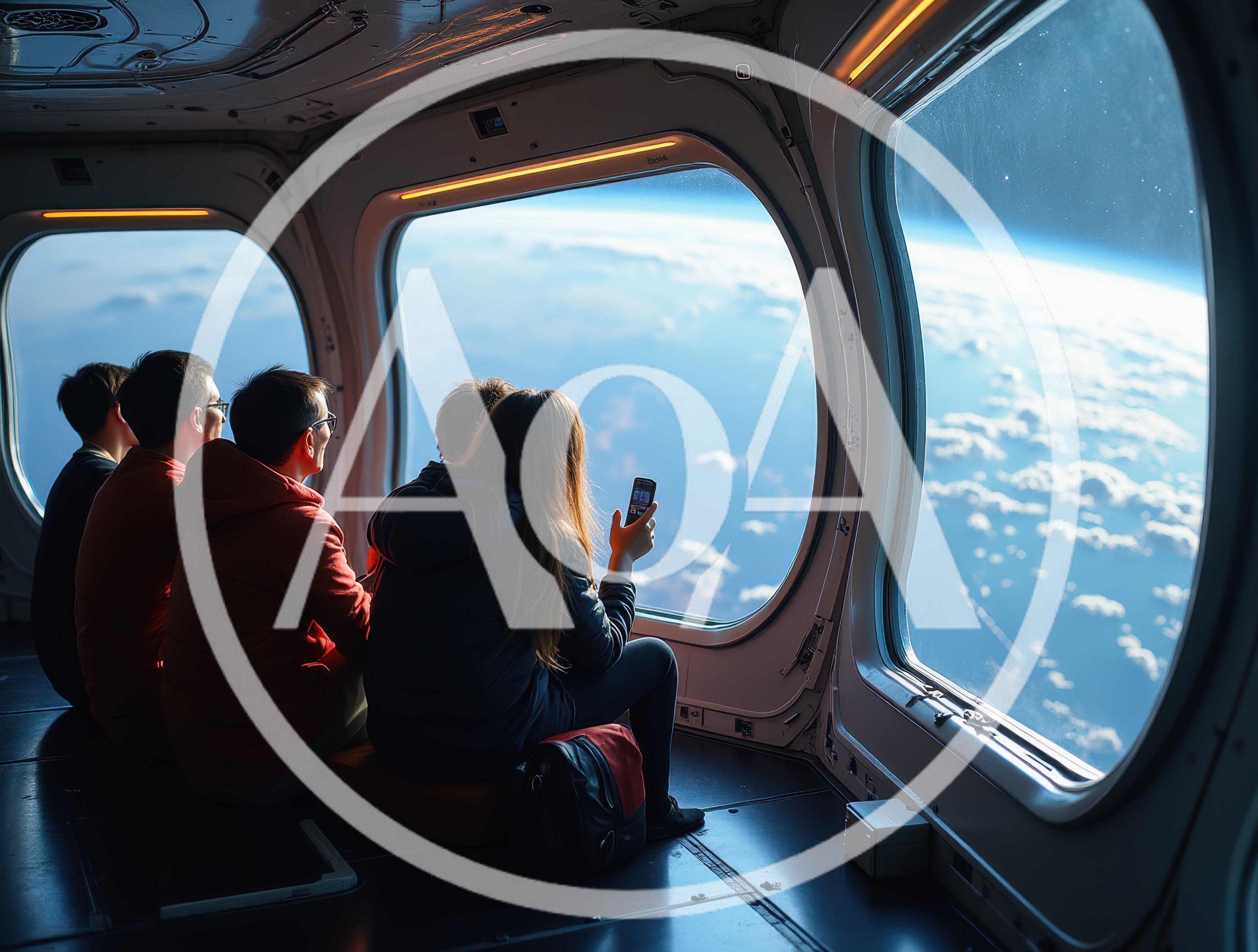 Group Of People Looking Out Of Spacecraft Window