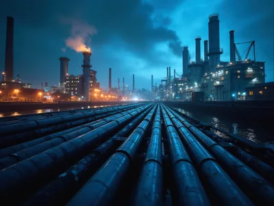 Industrial Oil Refinery Pipelines At Night