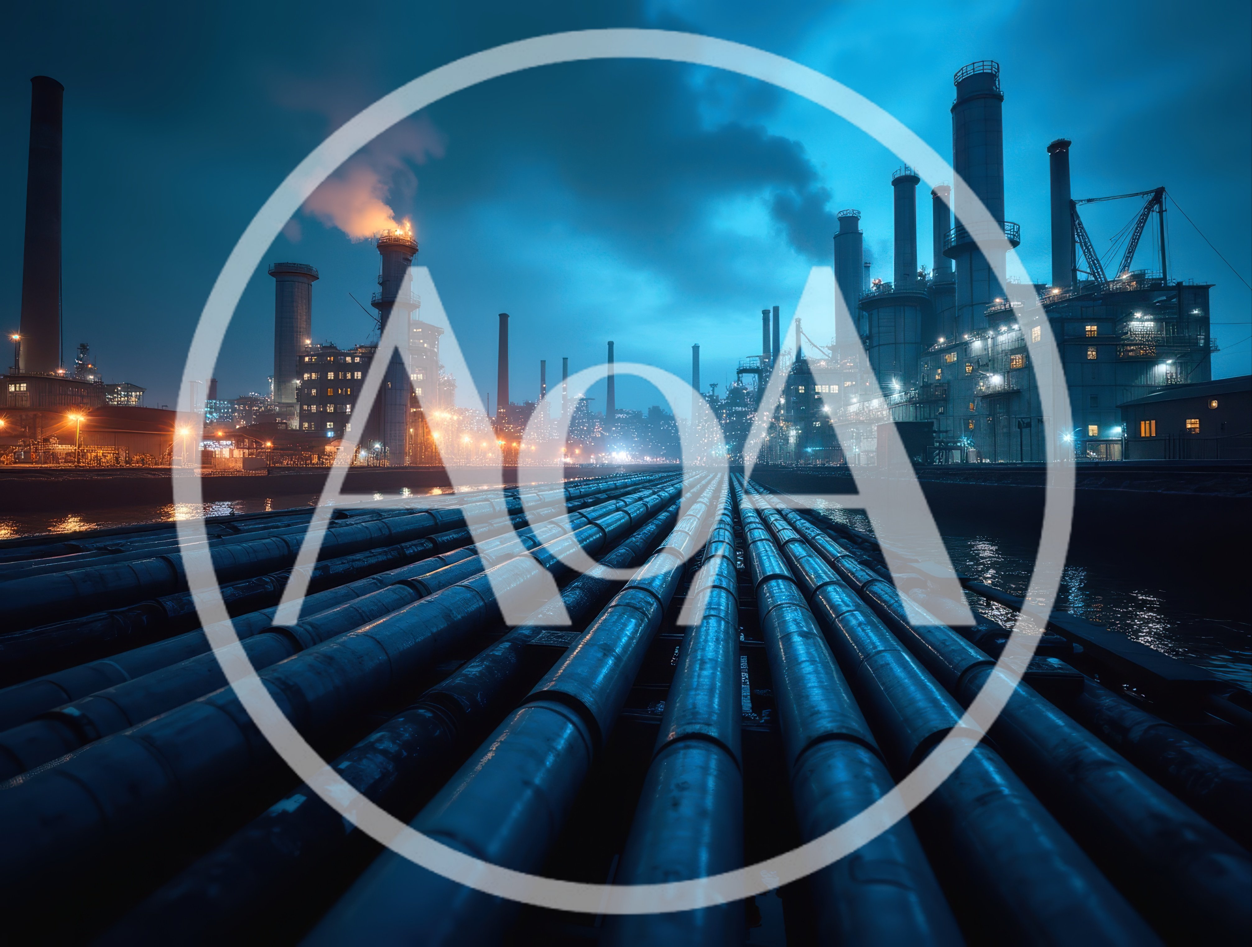 Industrial Oil Refinery Pipelines At Night