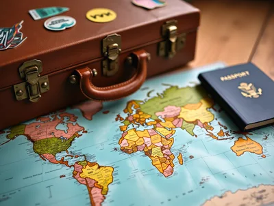 Vintage Suitcase With Passport On World Map
