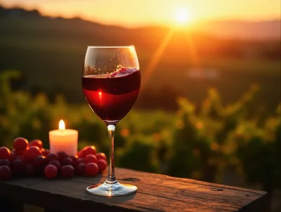 Glass Of Red Wine At Sunset In A Vineyard