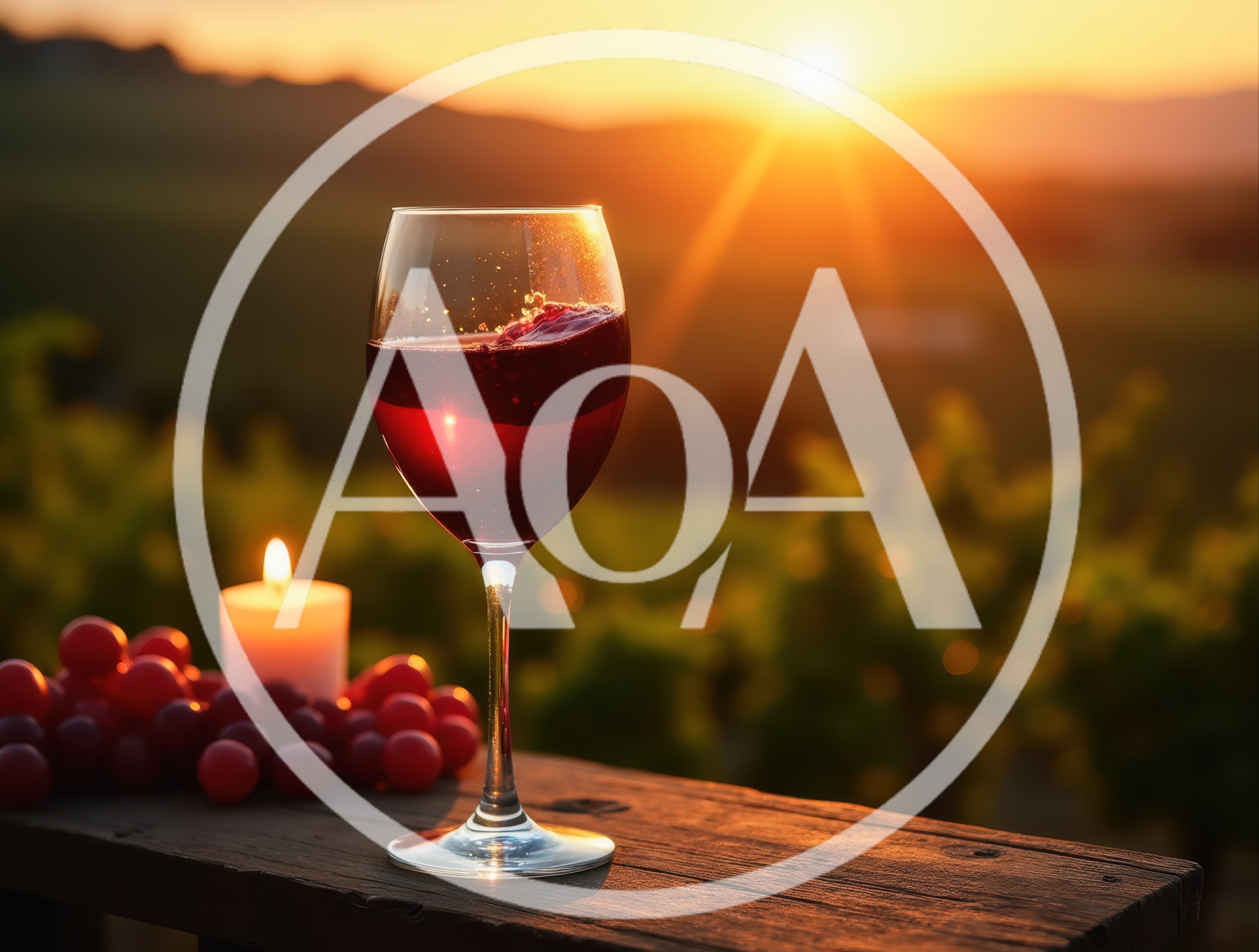 Glass Of Red Wine At Sunset In A Vineyard