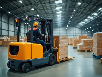Warehouse Worker Operating A Forklift Moving Palletized Goods