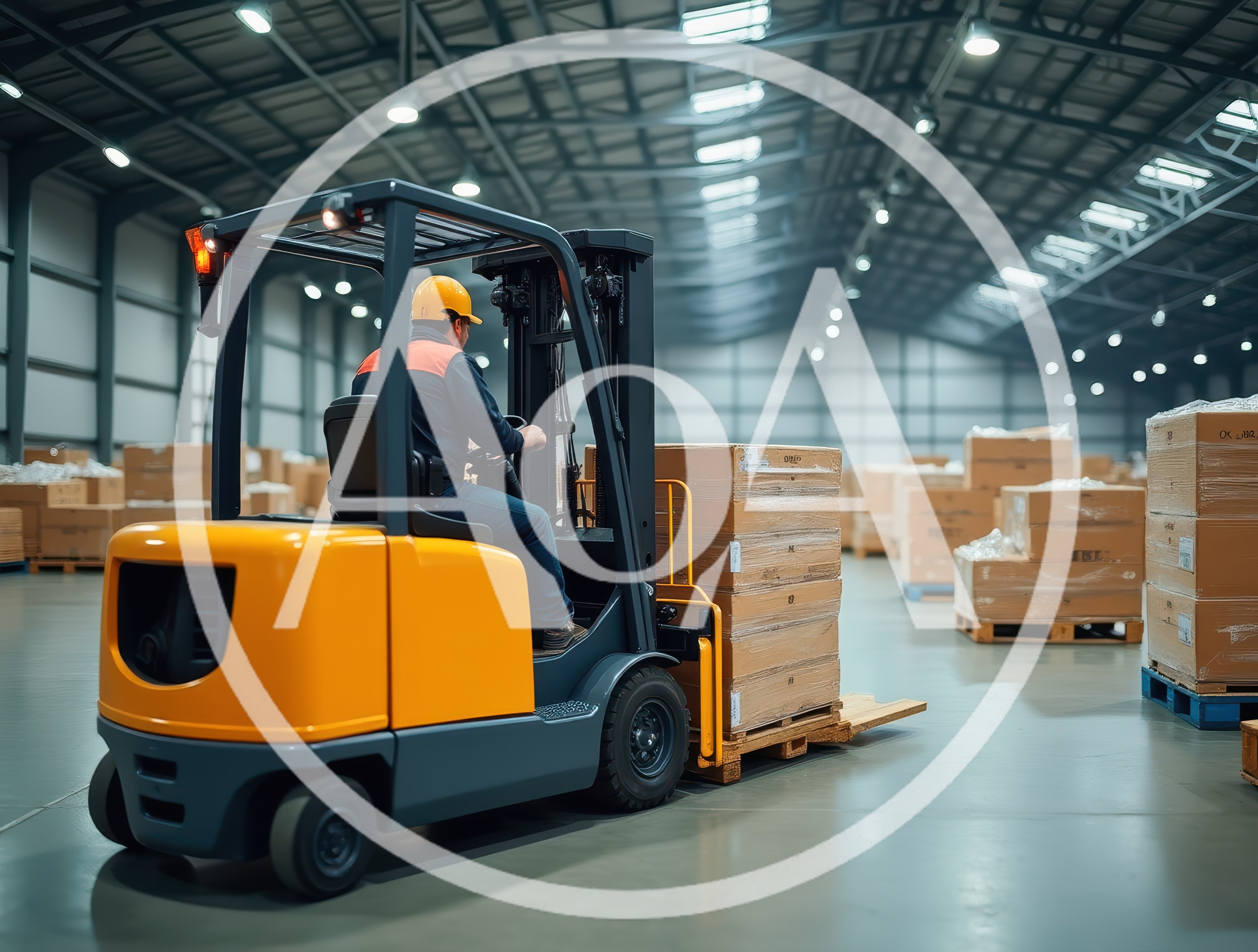 Warehouse Worker Operating A Forklift Moving Palletized Goods