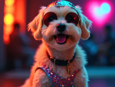 Cute Dog Wearing Disco Ball Helmet and Sunglasses