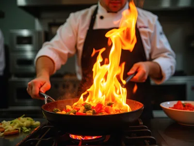 Professional Chef Flambeing Vegetables In A Restaurant Kitchen
