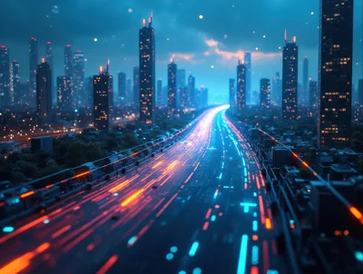 Futuristic City Highway With Motion Blur Traffic Lights