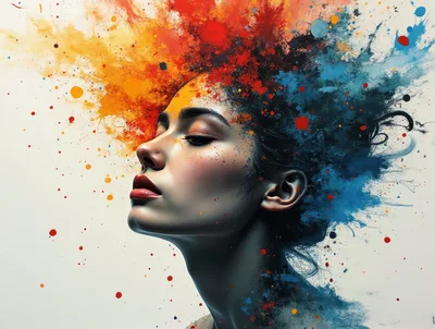 Abstract Portrait Of A Woman With Colorful Paint Splatter