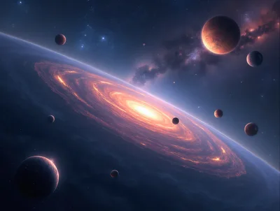 Cosmic Galaxy View With Multiple Orbiting Planets