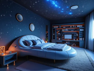 Futuristic Bedroom Interior With Starry Ceiling Design