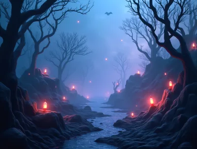 Eerie Forest Stream With Glowing Lanterns At Night