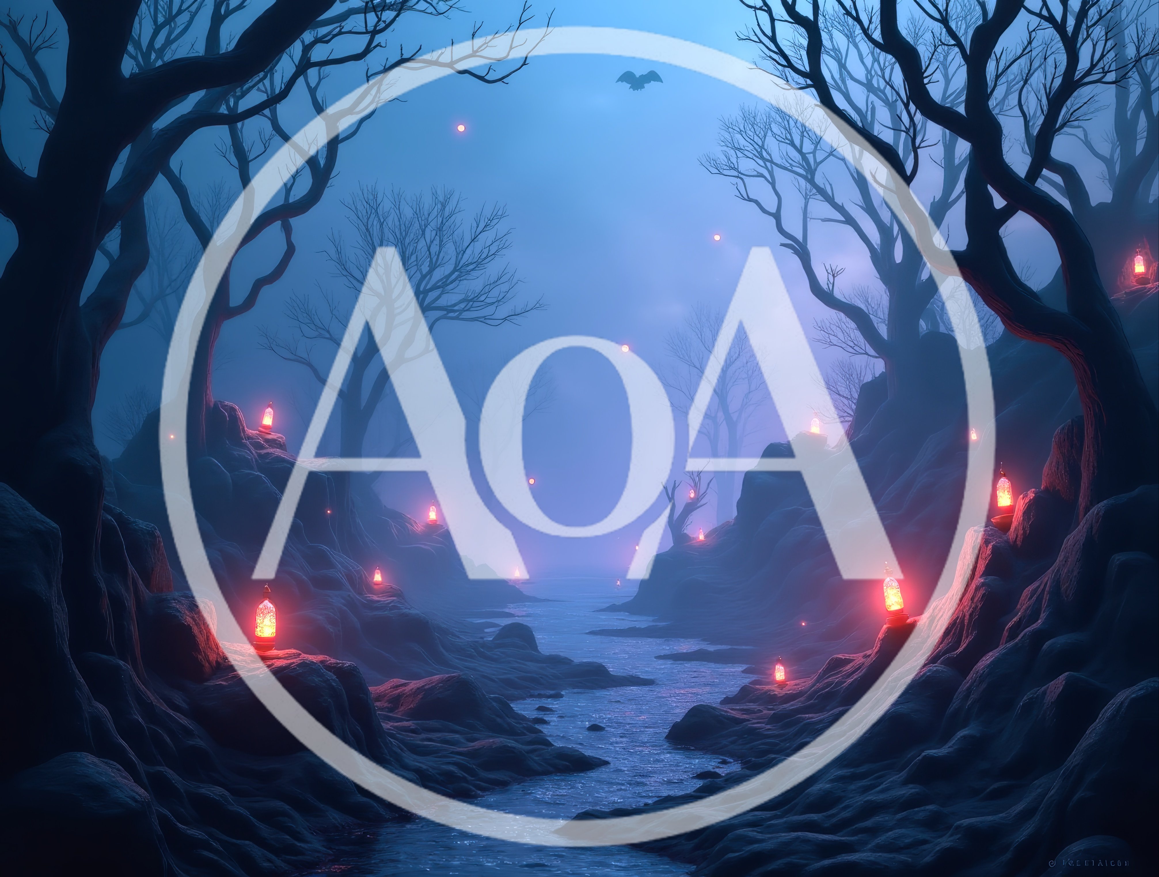 Eerie Forest Stream With Glowing Lanterns At Night