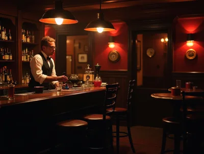 Bartender Preparing Cocktails In A Dimly Lit Vintage Bar