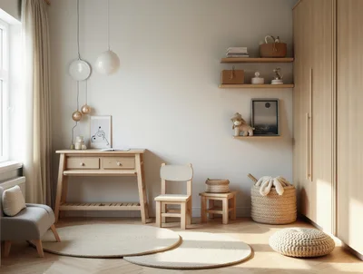 Minimalist Children Bedroom Interior With Wooden Furniture