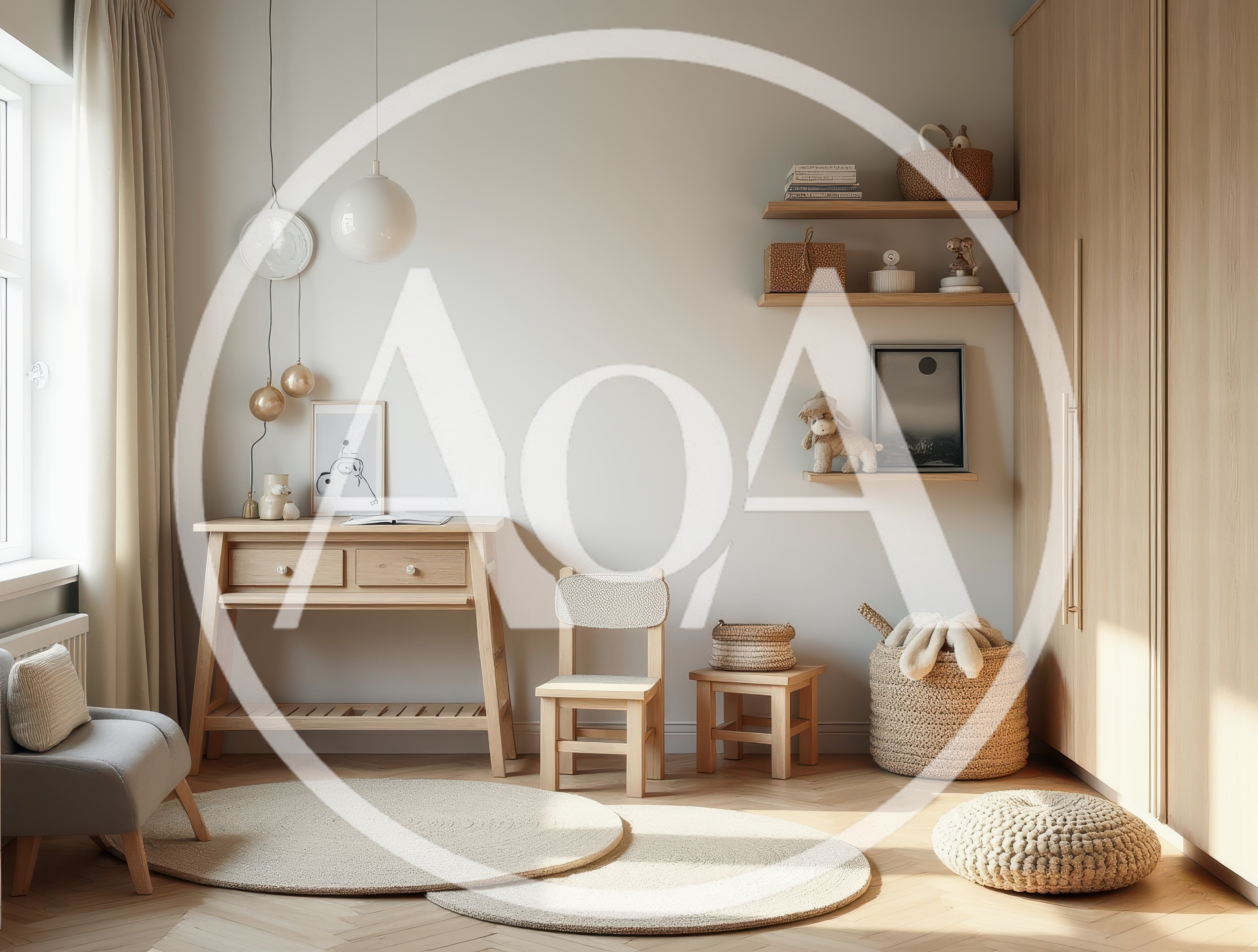 Minimalist Children Bedroom Interior With Wooden Furniture
