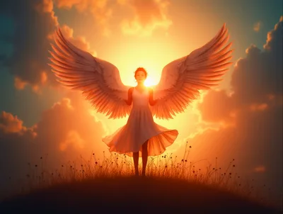 Angel With Large Wings Standing On Hill At Sunset