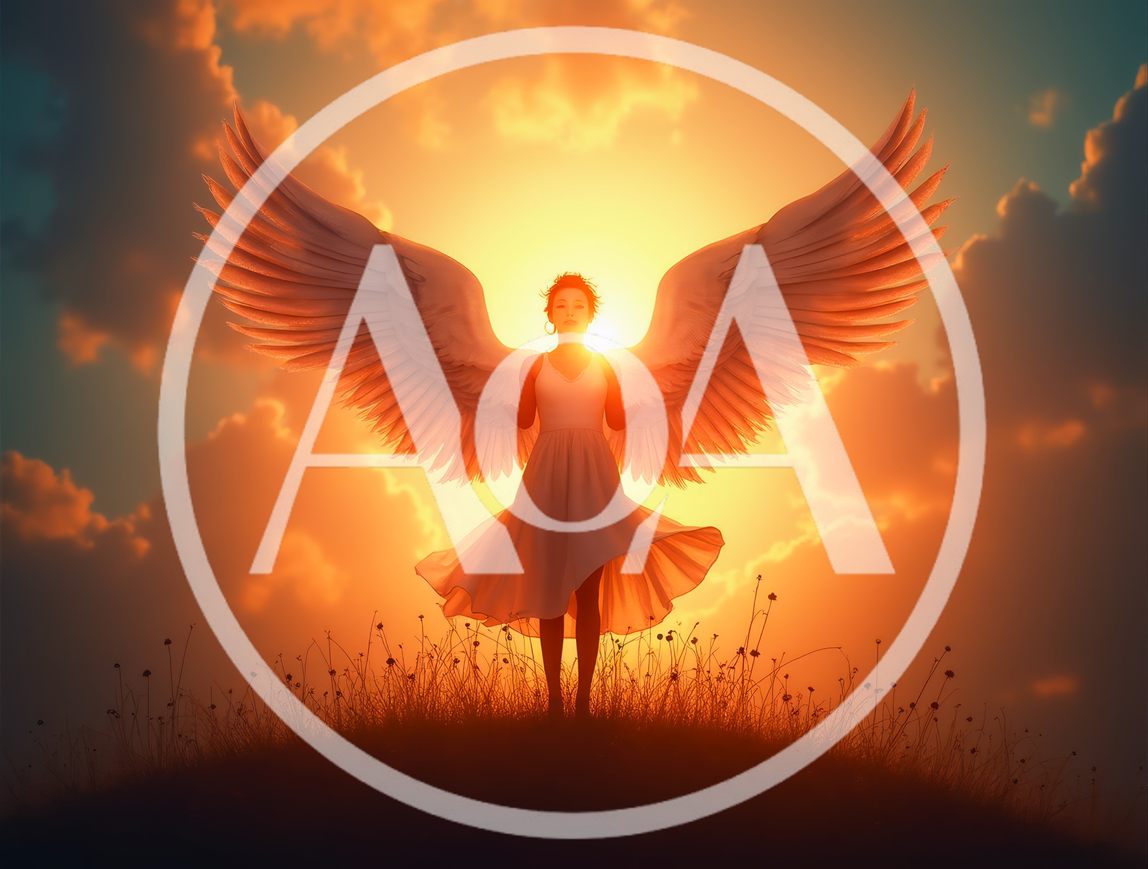 Angel With Large Wings Standing On Hill At Sunset