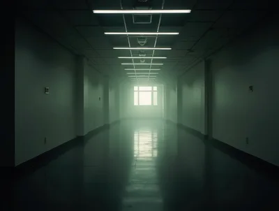 Empty Dimly Lit Hospital Corridor With Glowing Window