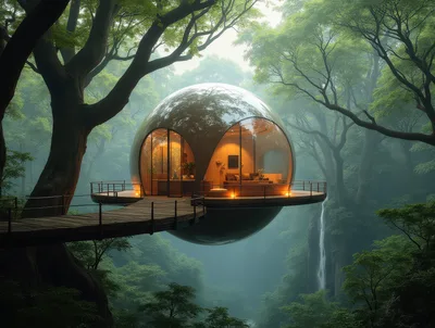 Futuristic Spherical Treehouse In A Misty Forest